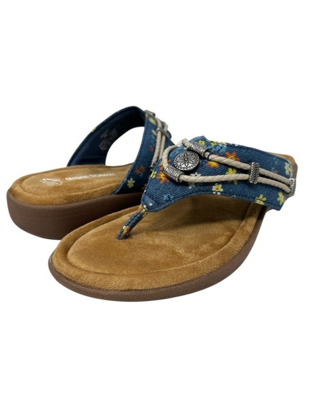 Minnetonka Denim Blue Floral Thong Sandals with Brown Footbed